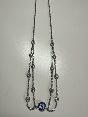 Sterling Silver Double-Chain Necklace with Blue Pavé Disc Pendant